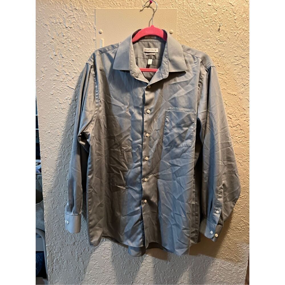 Van Heusen Grey Regular Fit Lux Sateen Button Down Shirt Men’s Size 17 34/35